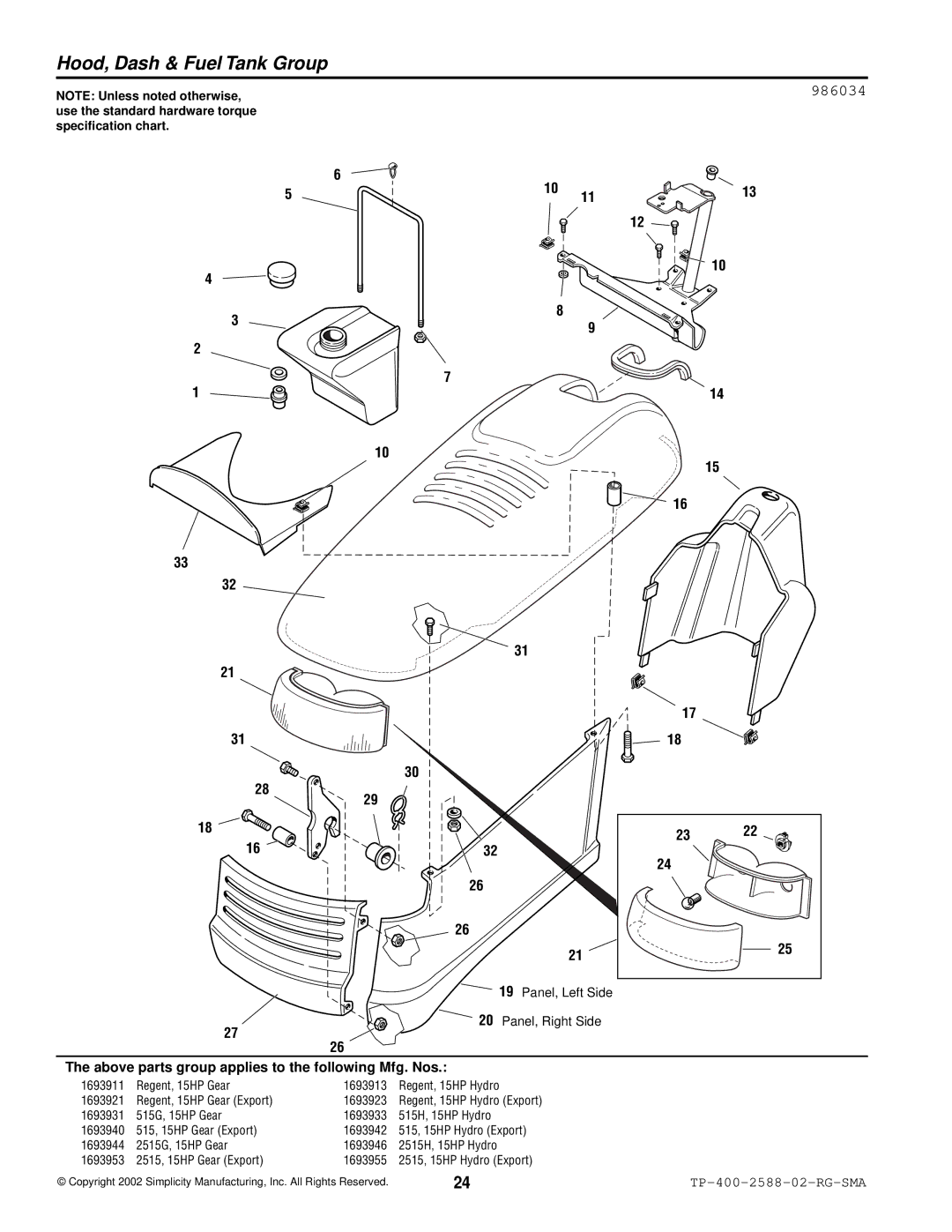 Simplicity 500 Series manual Hood, Dash & Fuel Tank Group, 986034 