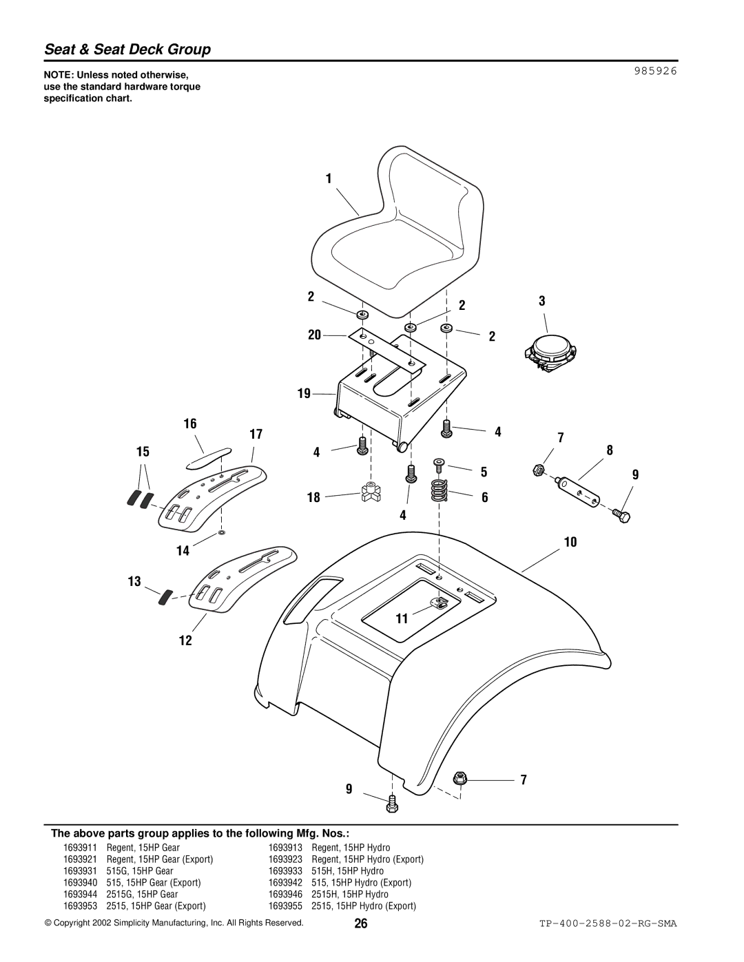 Simplicity 500 Series manual Seat & Seat Deck Group, 985926 