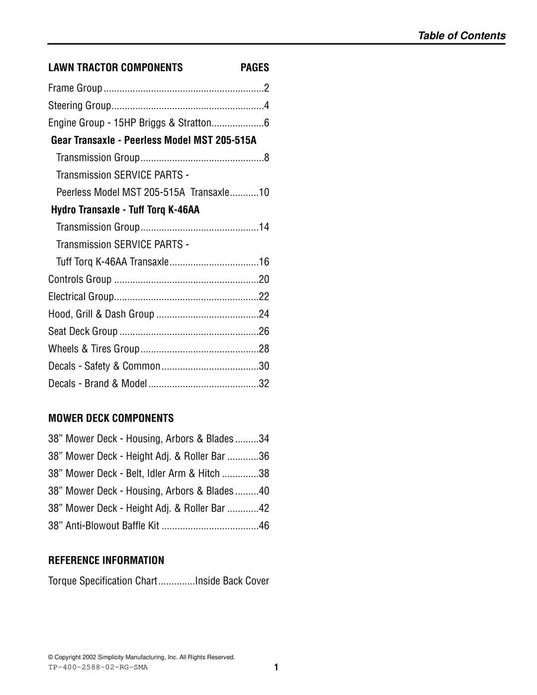 Simplicity 500 Series manual Table of Contents 