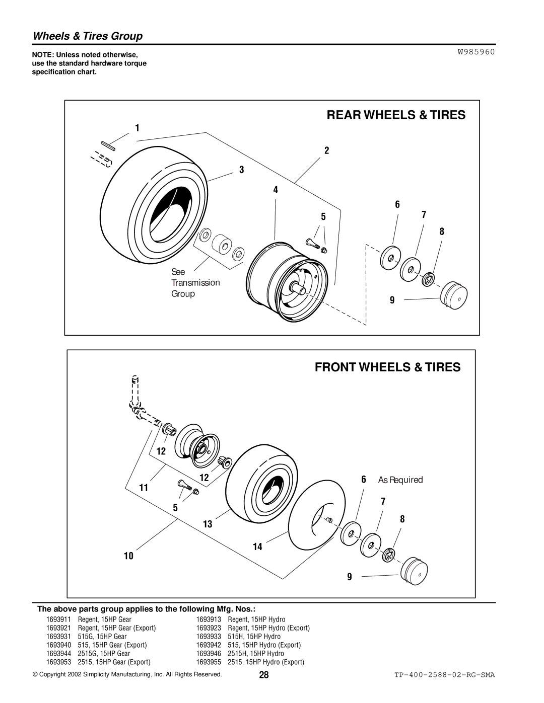 Simplicity 500 Series manual Wheels & Tires Group, W985960 