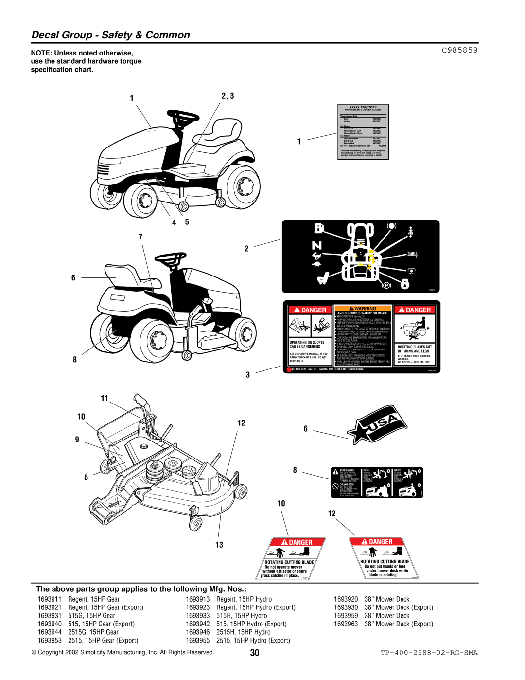 Simplicity 500 Series manual Decal Group Safety & Common, C985859 