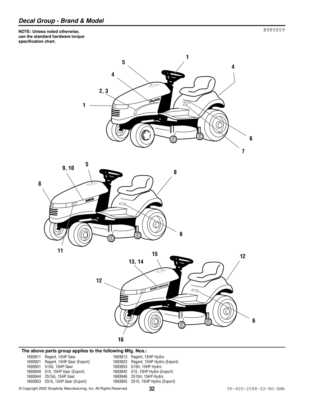 Simplicity 500 Series manual Decal Group Brand & Model, B985859 