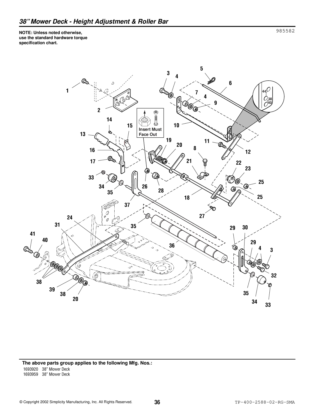 Simplicity 500 Series manual Mower Deck Height Adjustment & Roller Bar, 985582 