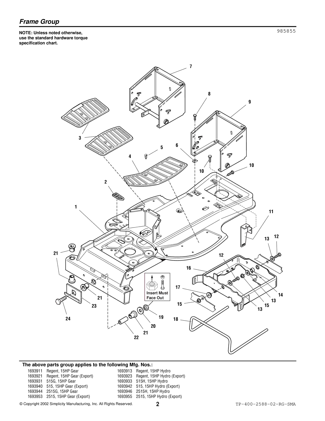 Simplicity 500 Series manual Frame Group, 985855 