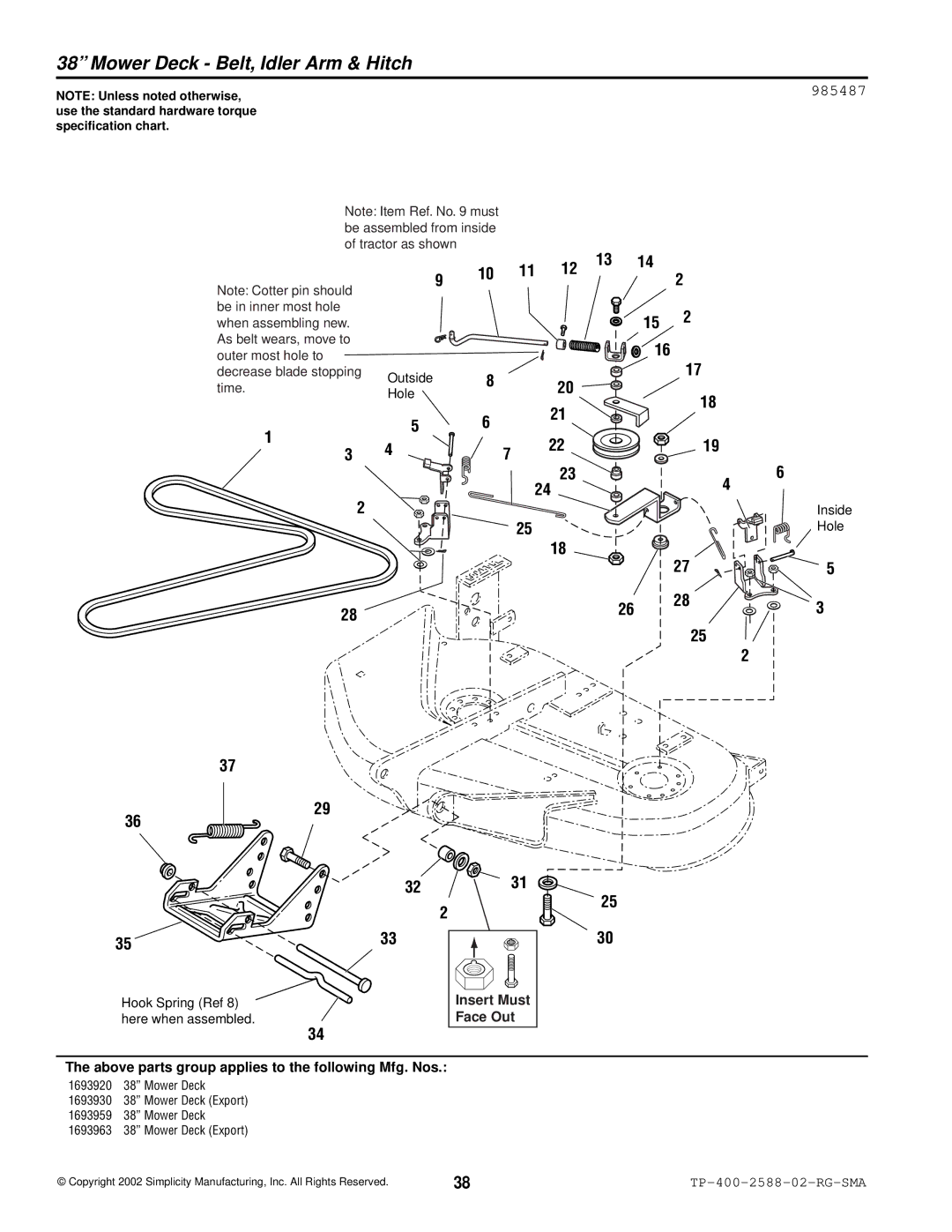 Simplicity 500 Series manual Mower Deck Belt, Idler Arm & Hitch, 985487 