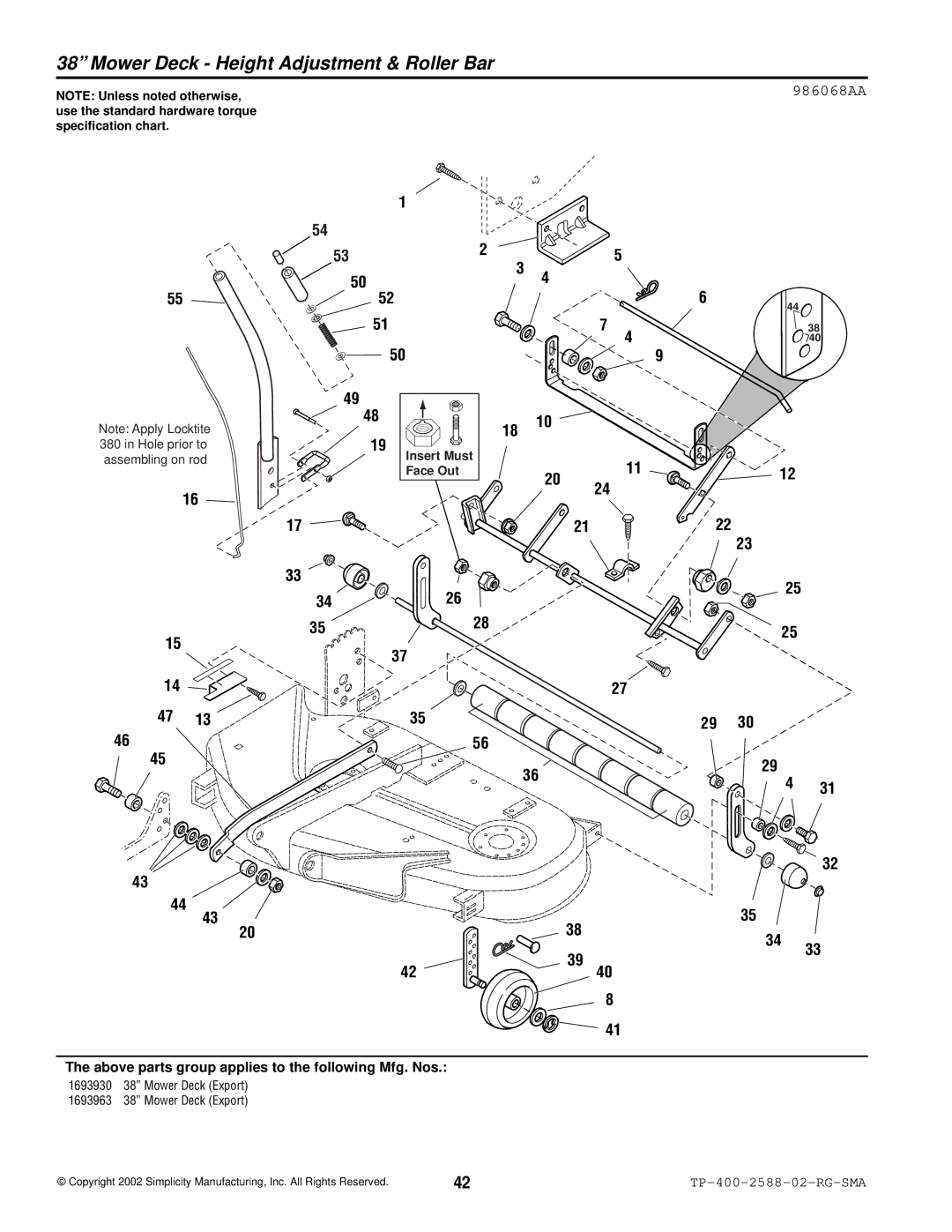 Simplicity 500 Series manual Mower Deck Height Adjustment & Roller Bar, 986068AA 