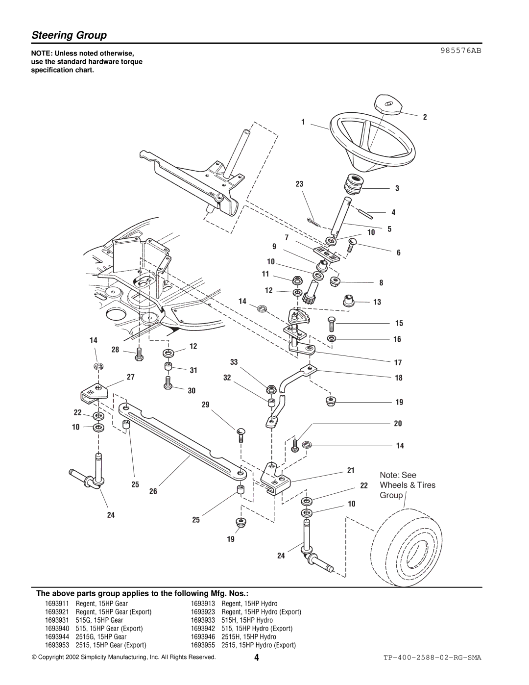 Simplicity 500 Series manual Steering Group, 985576AB 