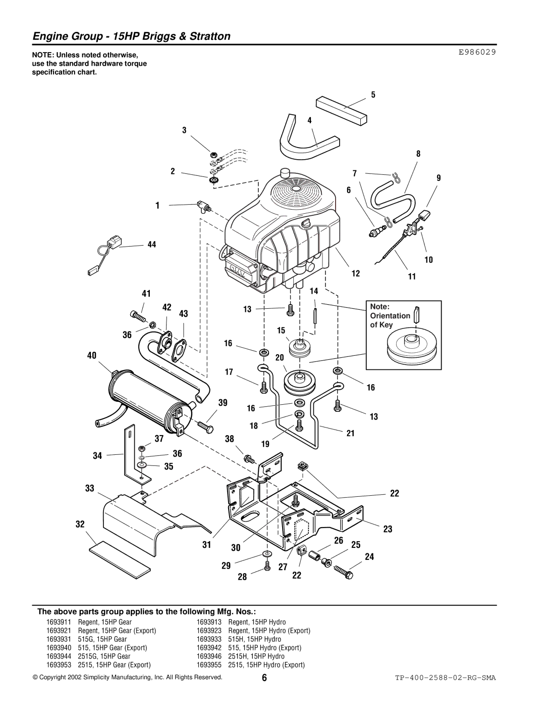 Simplicity 500 Series manual Engine Group 15HP Briggs & Stratton, E986029 