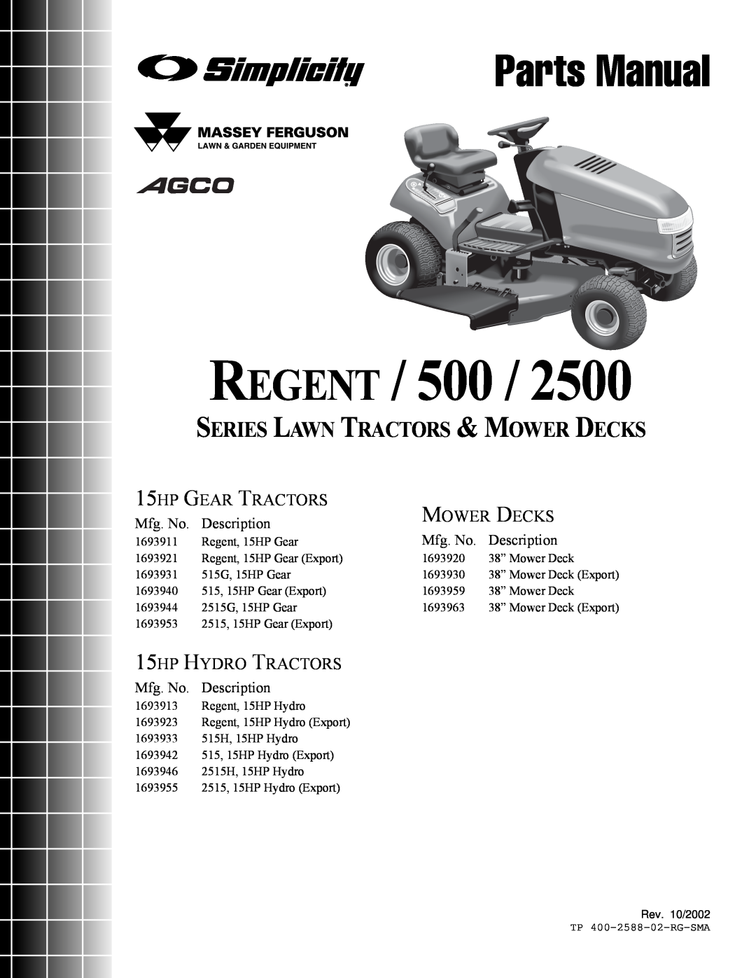 Simplicity 500 Series manual REGENT / 500, Parts Manual, Series Lawn Tractors & Mower Decks, 15HP GEAR TRACTORS, Mfg. No 