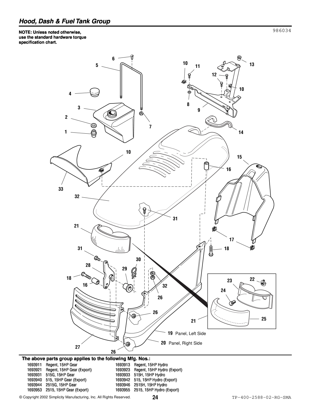 Simplicity 500 Series manual Hood, Dash & Fuel Tank Group, 986034, The above parts group applies to the following Mfg. Nos 