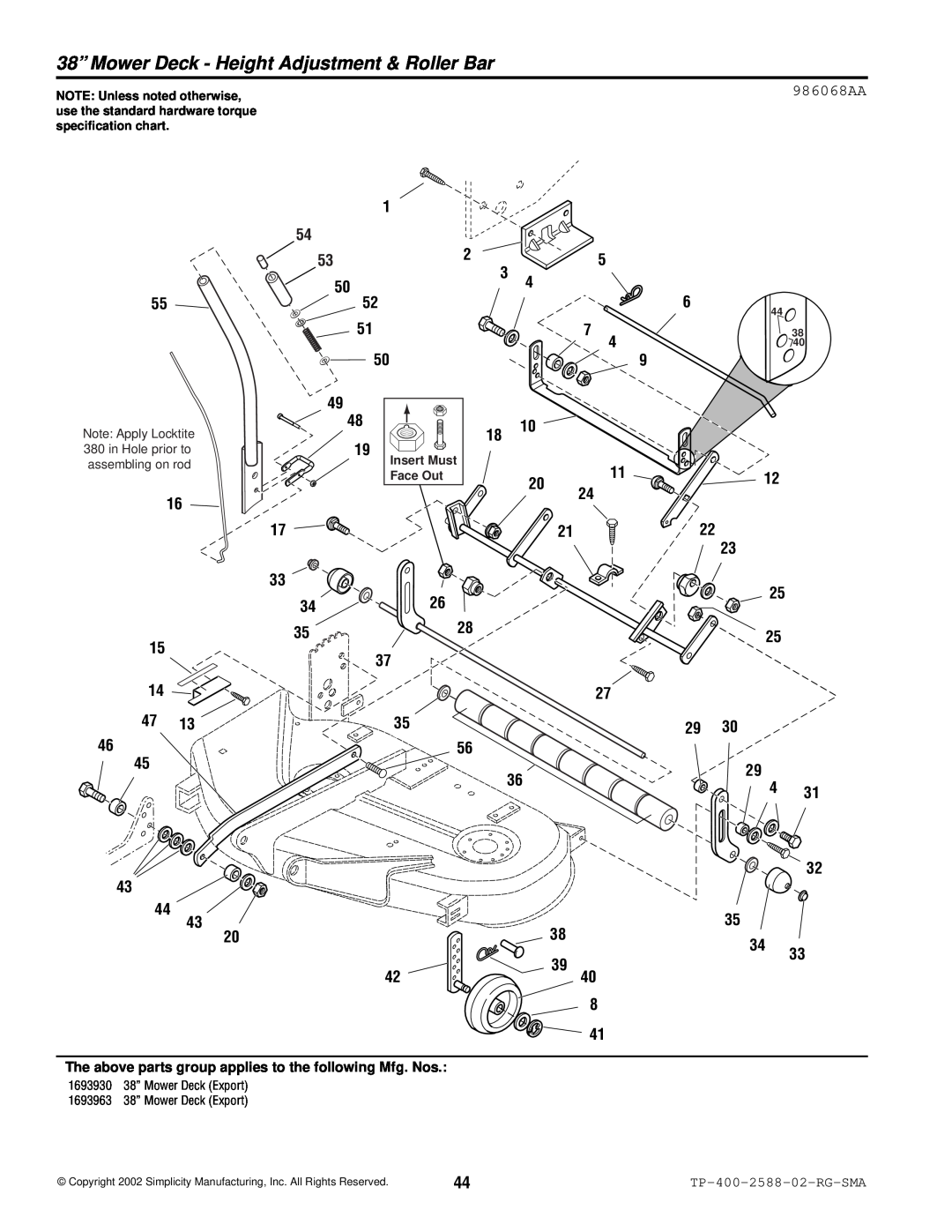 Simplicity 500 Series manual 38” Mower Deck - Height Adjustment & Roller Bar, 986068AA, TP-400-2588-02-RG-SMA, Insert Must 