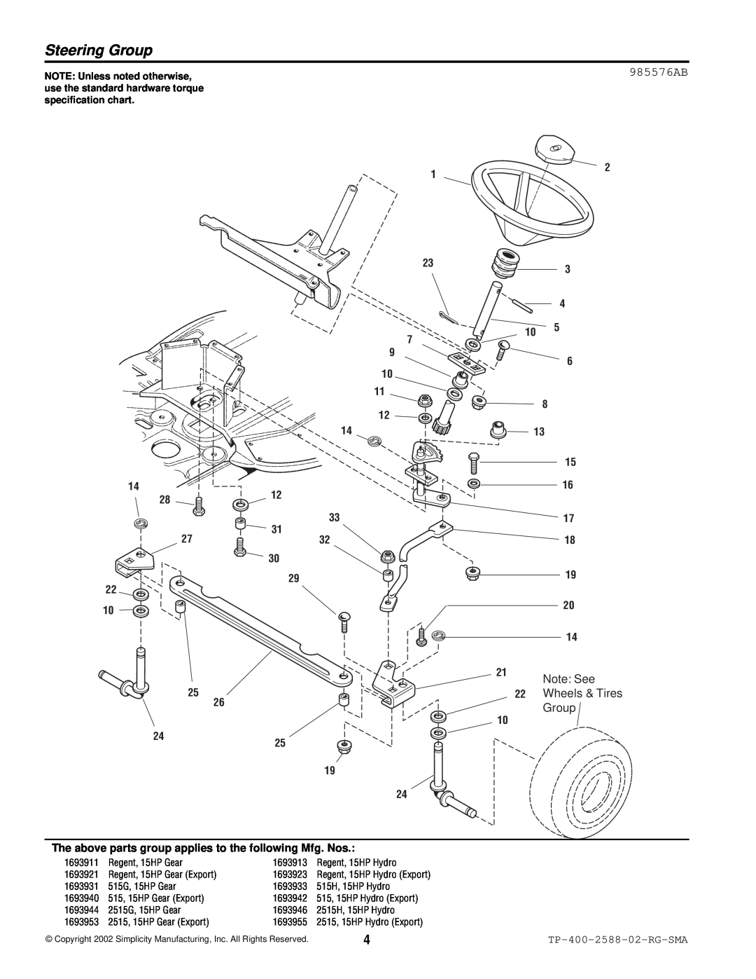 Simplicity 500 Series manual Steering Group, 985576AB, Note See, Wheels & Tires, TP-400-2588-02-RG-SMA 