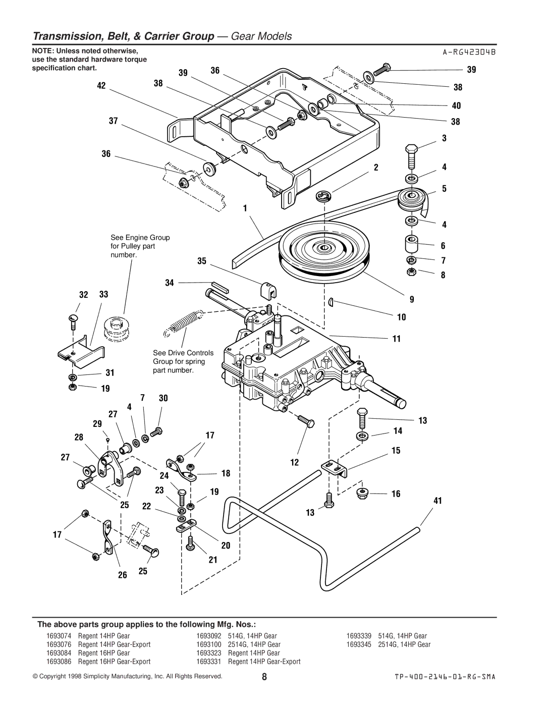 Simplicity 500 manual Transmission, Belt, & Carrier Group Gear Models, RG42304B 