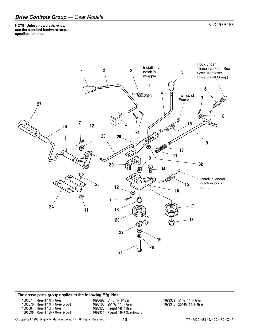 Simplicity 500 manual Drive Controls Group Gear Models, RG42305B 