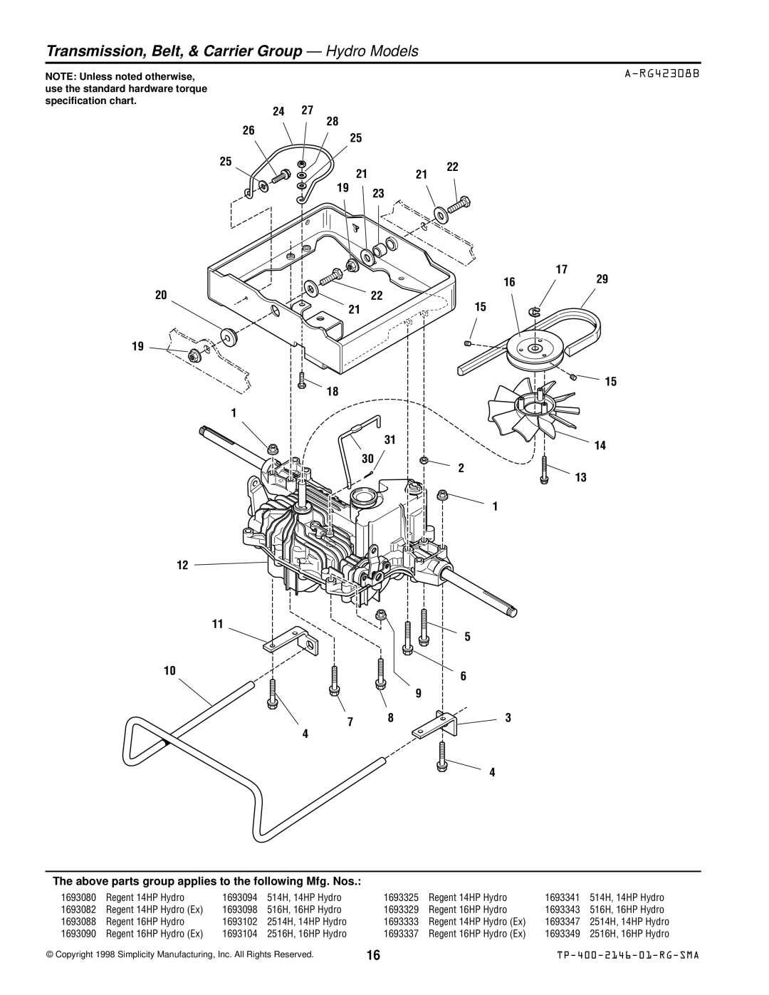 Simplicity 500 manual Transmission, Belt, & Carrier Group Hydro Models, RG42308B 