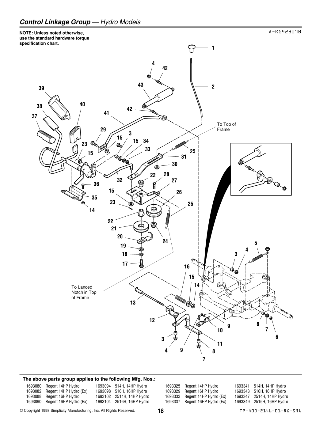 Simplicity 500 manual Control Linkage Group Hydro Models, RG42309B 