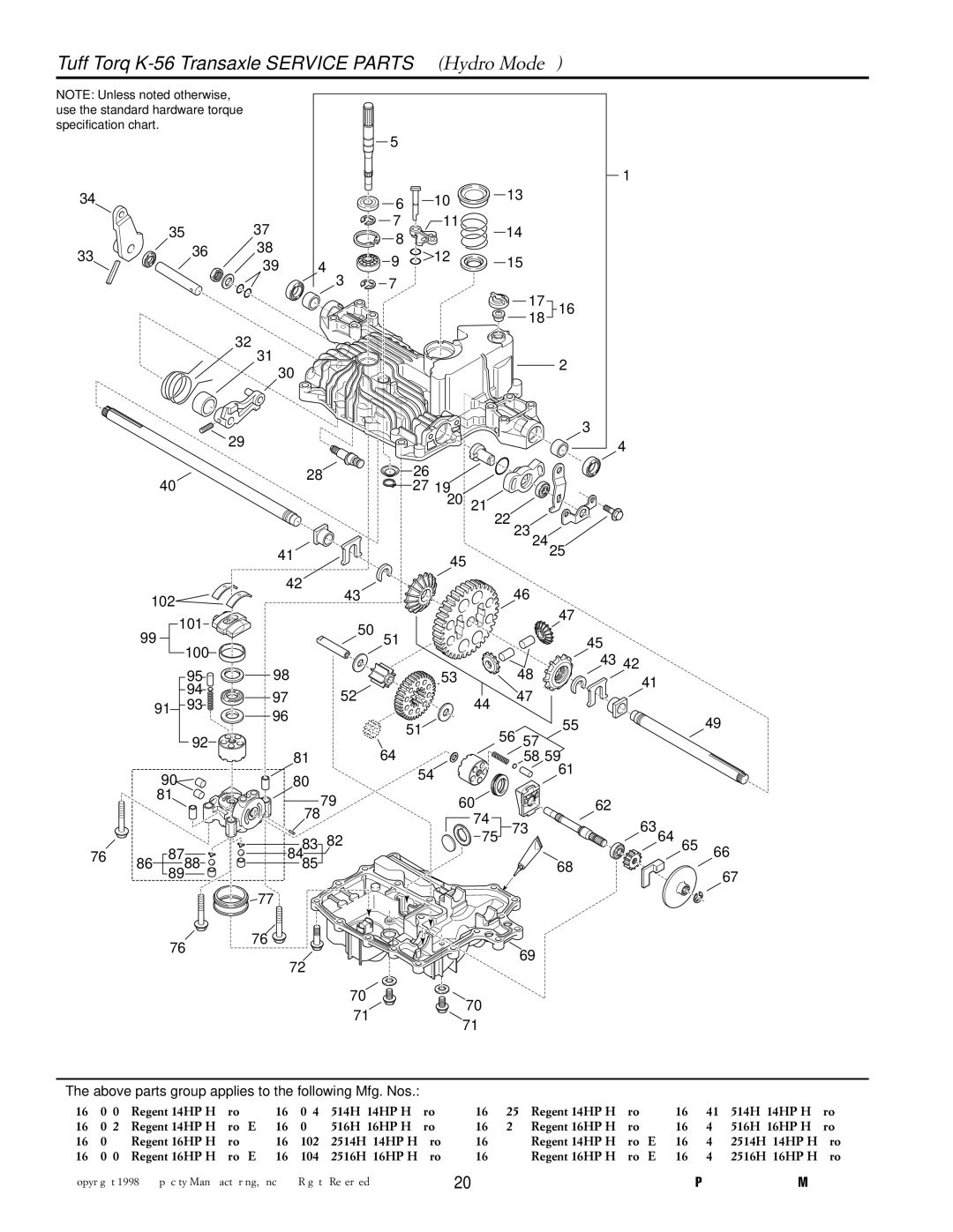 Simplicity 500 manual Tuff Torq K-56 Transaxle Service Parts Hydro Models, RG42324B 