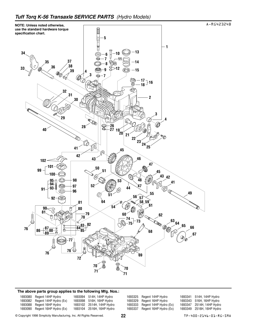 Simplicity 500 manual Tuff Torq K-56 Transaxle Service Parts Hydro Models 