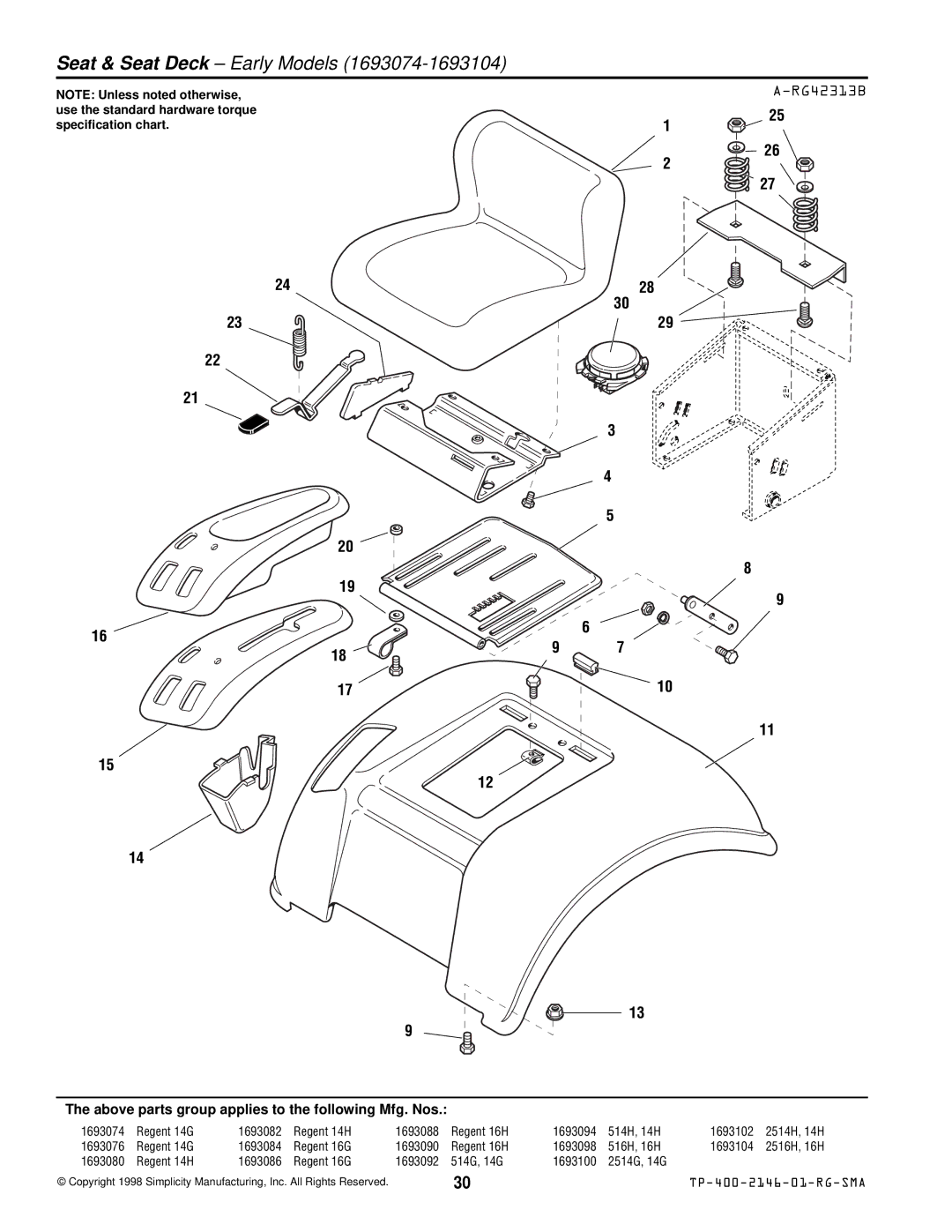 Simplicity 500 manual Seat & Seat Deck Early Models, RG42313B 