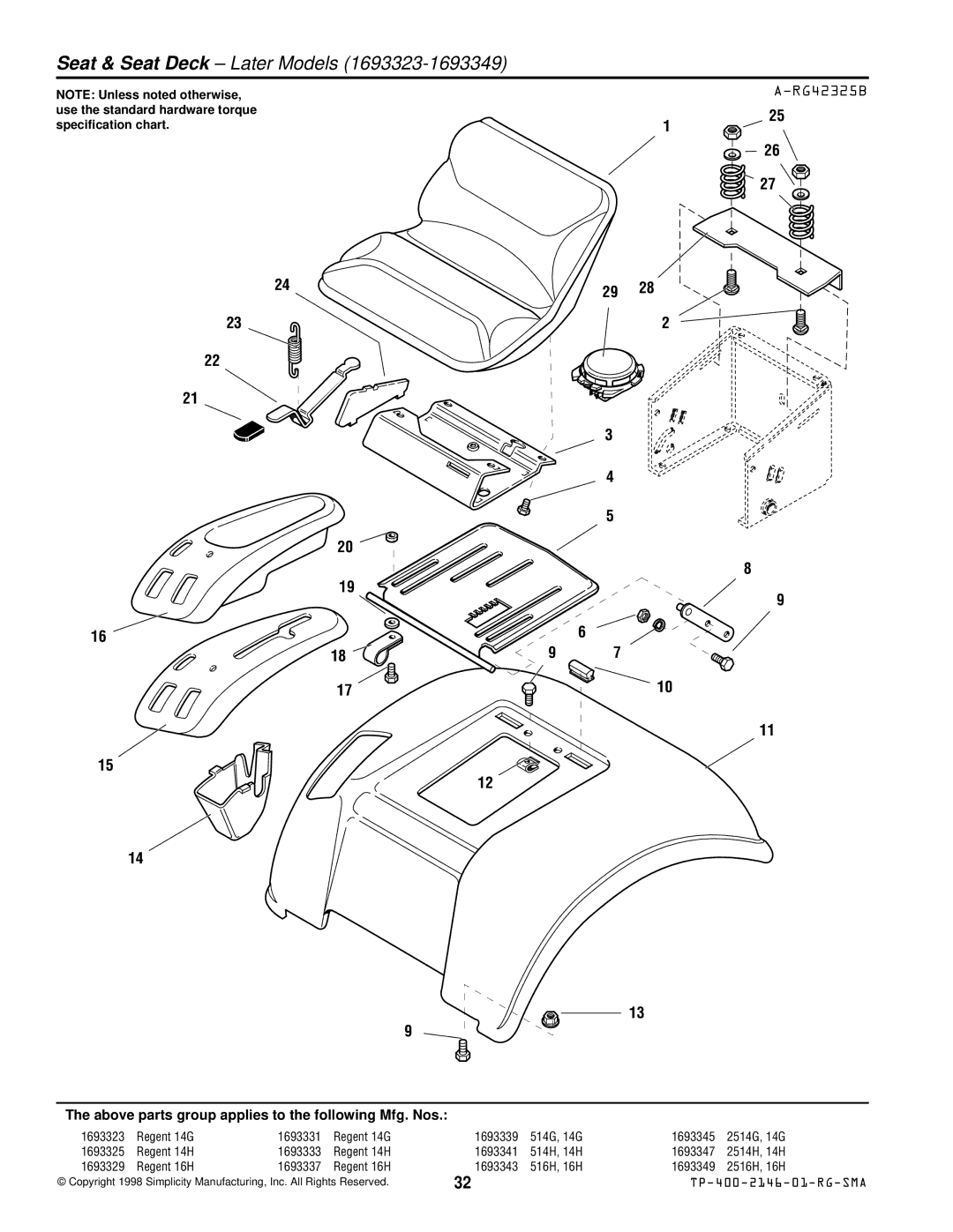 Simplicity 500 manual Seat & Seat Deck Later Models, RG42325B 