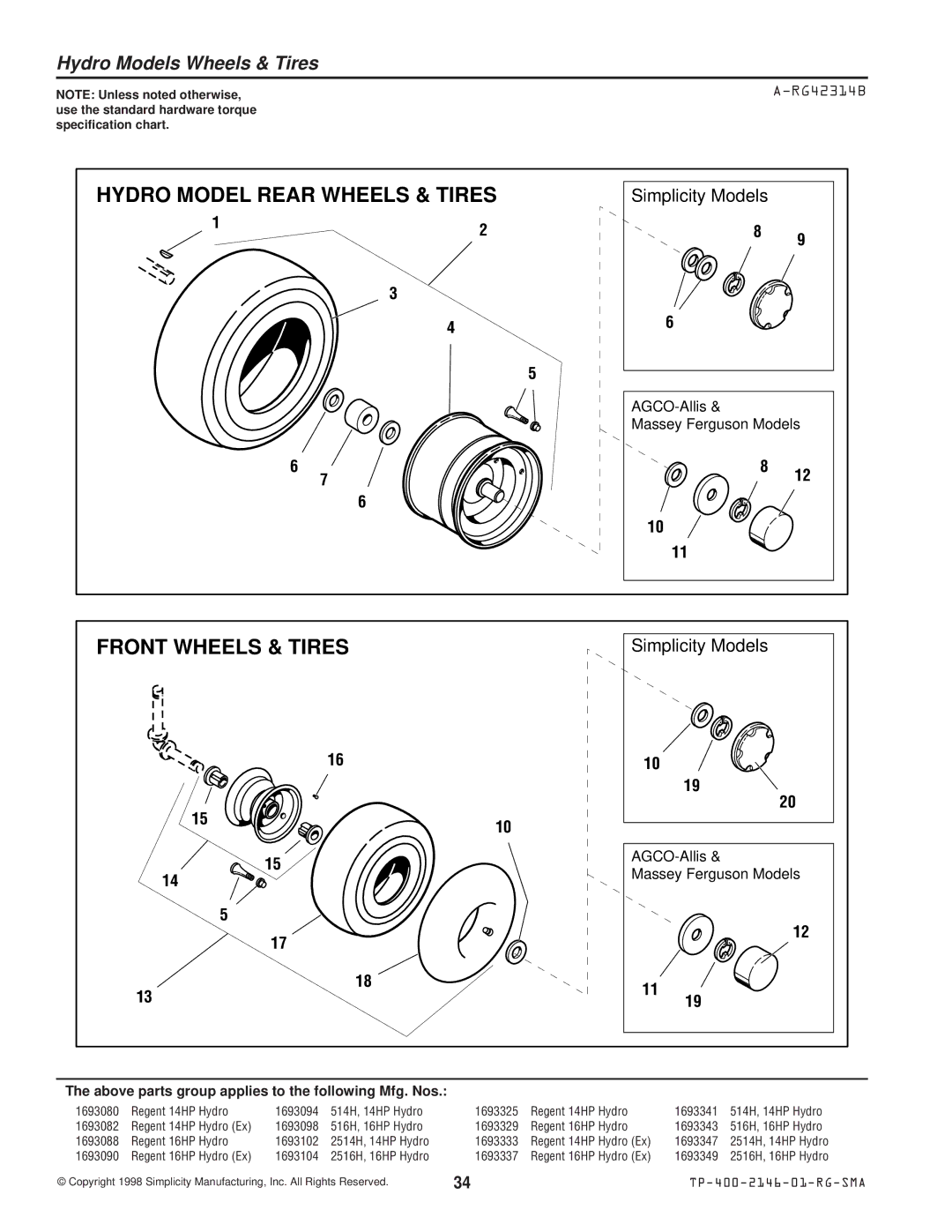 Simplicity 500 manual Hydro Models Wheels & Tires, RG42314B 