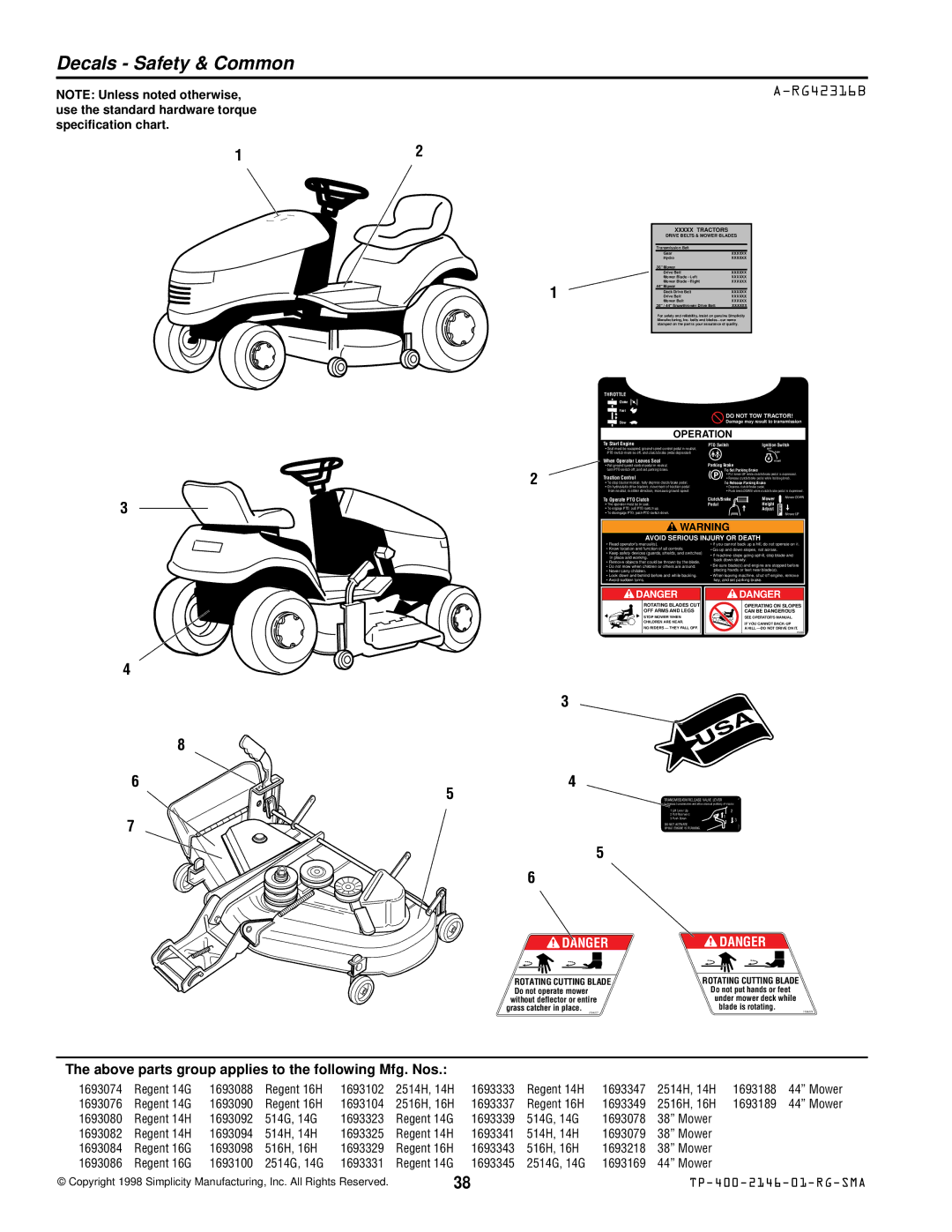 Simplicity 500 manual Decals Safety & Common, RG42316B 