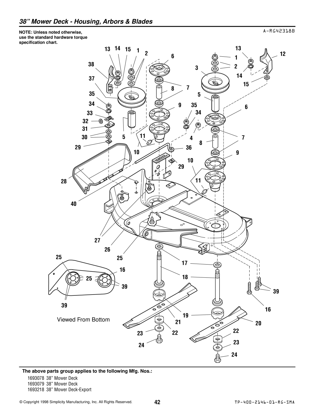 Simplicity 500 manual Mower Deck Housing, Arbors & Blades, RG42318B 