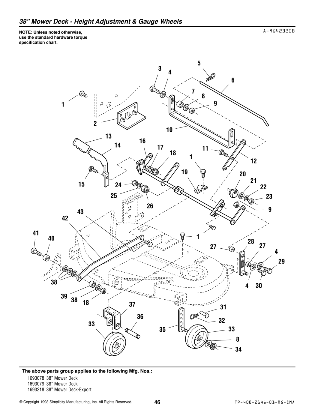 Simplicity 500 manual Mower Deck Height Adjustment & Gauge Wheels, RG42320B 