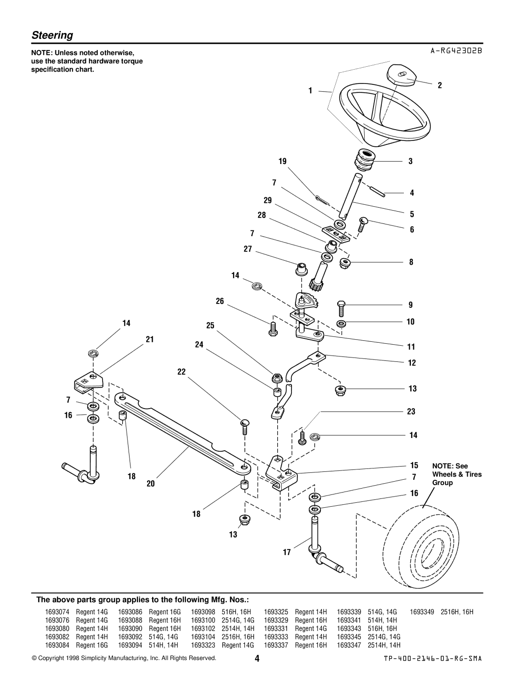 Simplicity 500 manual Steering, RG42302B 