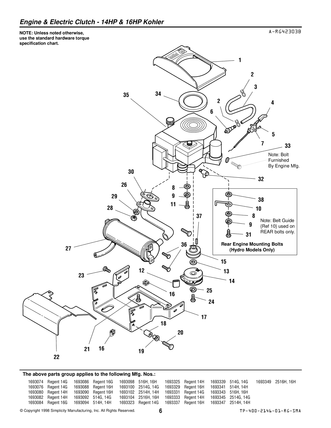 Simplicity 500 manual Engine & Electric Clutch 14HP & 16HP Kohler, RG42303B 