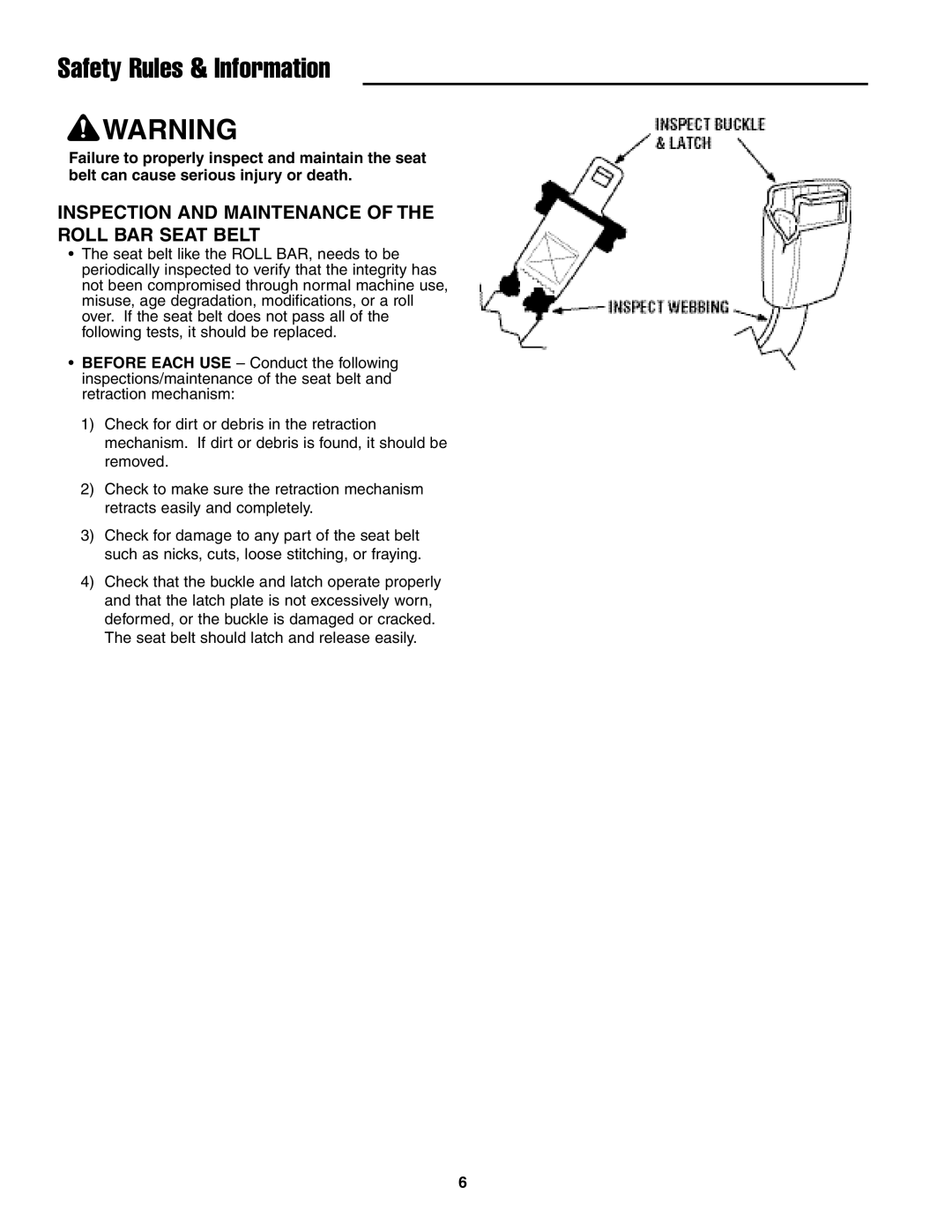 Simplicity 5022285, CE Models instruction sheet Inspection and Maintenance of the Roll BAR Seat Belt 