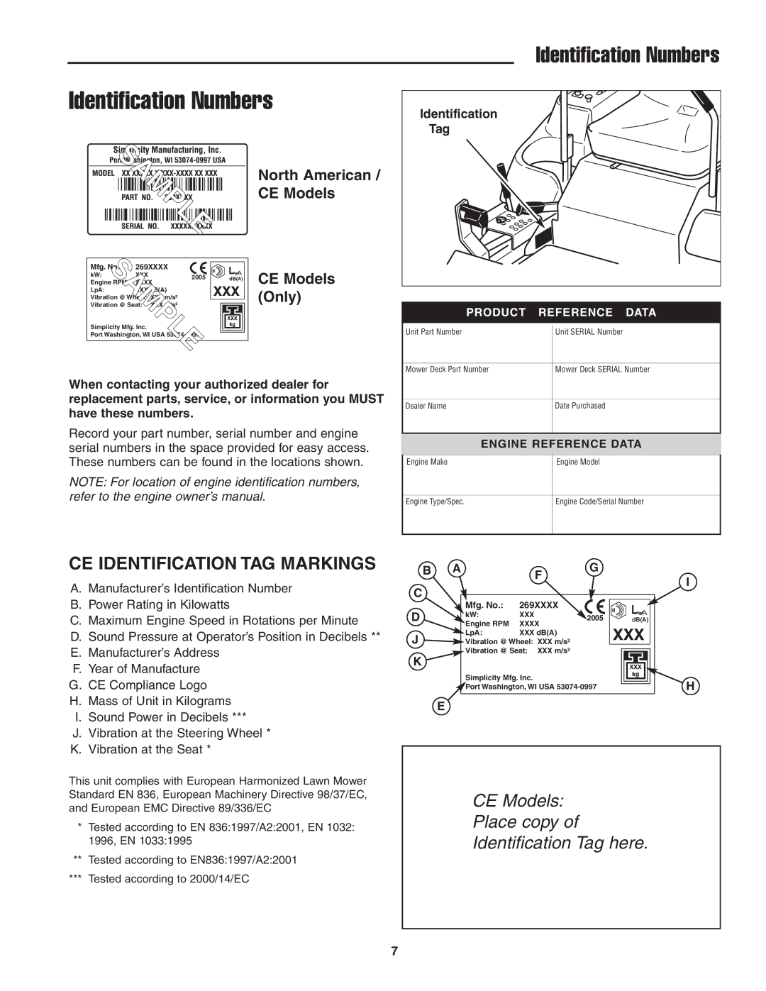 Simplicity CE Models, 5022285 instruction sheet Identification Numbers, CE Identification TAG Markings, North American, Only 