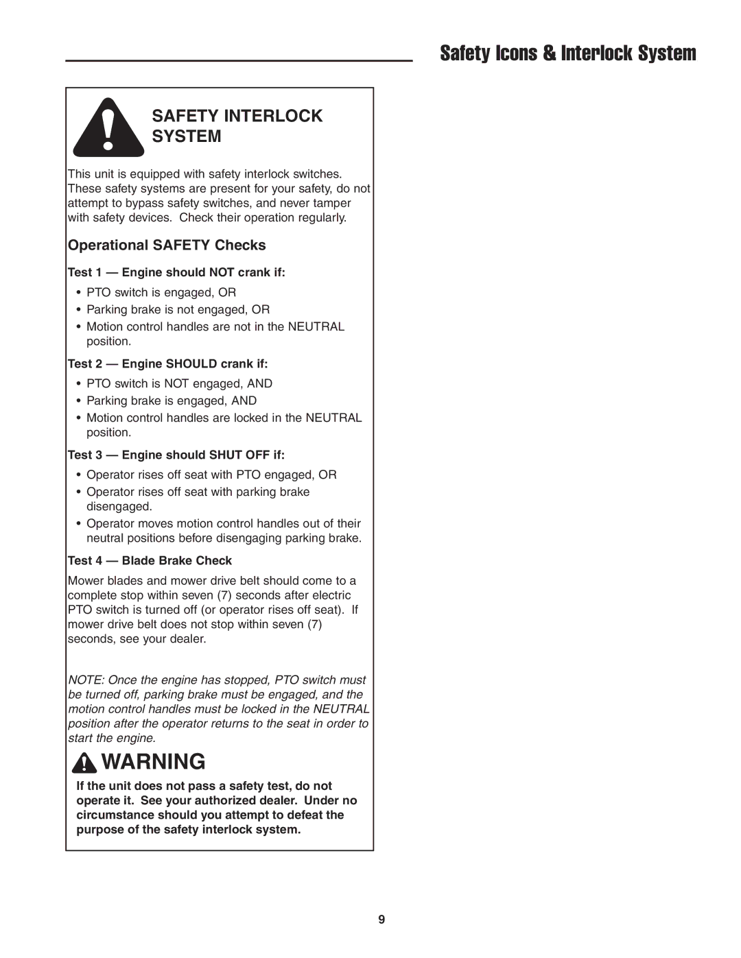 Simplicity CE Models, 5022285 Safety Icons & Interlock System, Safety Interlock System, Operational Safety Checks 