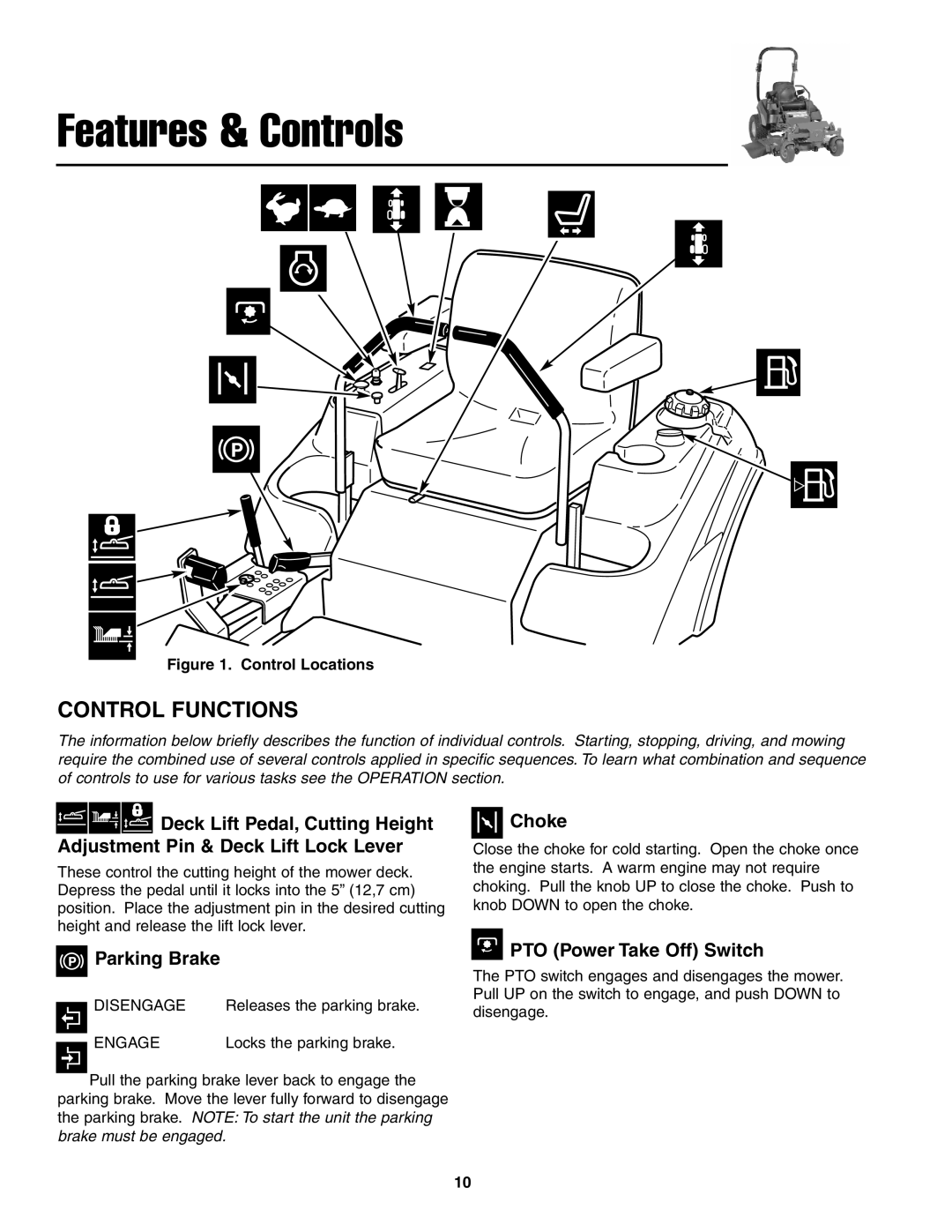 Simplicity 5022285, CE Models instruction sheet Control Functions, Parking Brake, Choke, PTO Power Take Off Switch 