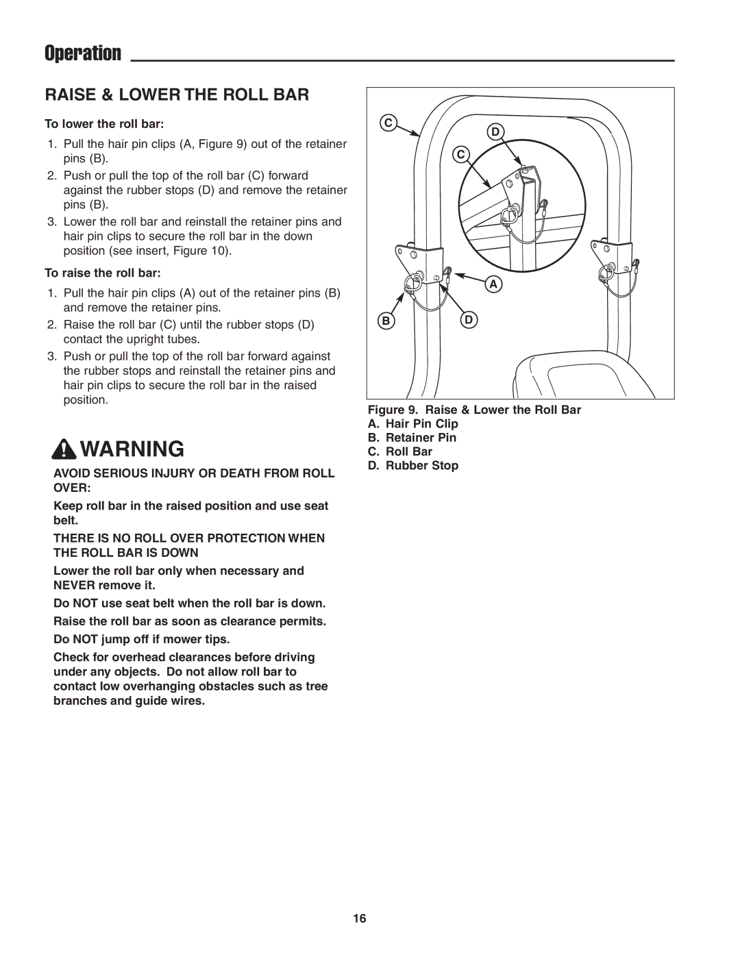 Simplicity 5022285, CE Models instruction sheet Raise & Lower the Roll BAR, To lower the roll bar, To raise the roll bar 