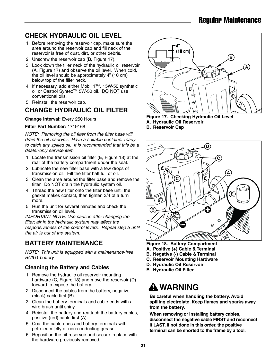 Simplicity CE Models, 5022285 instruction sheet Check Hydraulic OIL Level, Change Hydraulic OIL Filter, Battery Maintenance 