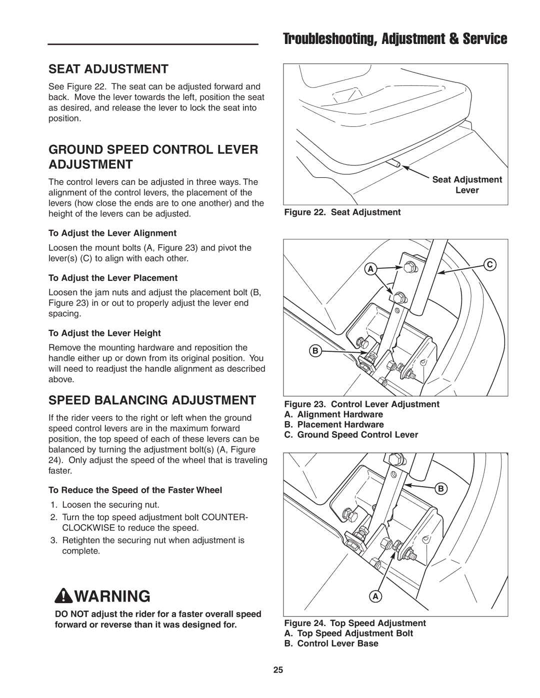 Simplicity CE Models, 5022285 Seat Adjustment, Ground Speed Control Lever Adjustment, Speed Balancing Adjustment 