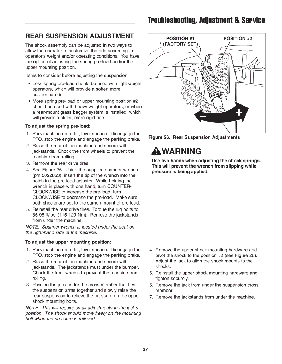 Simplicity CE Models Rear Suspension Adjustment, To adjust the spring pre-load, To adjust the upper mounting position 