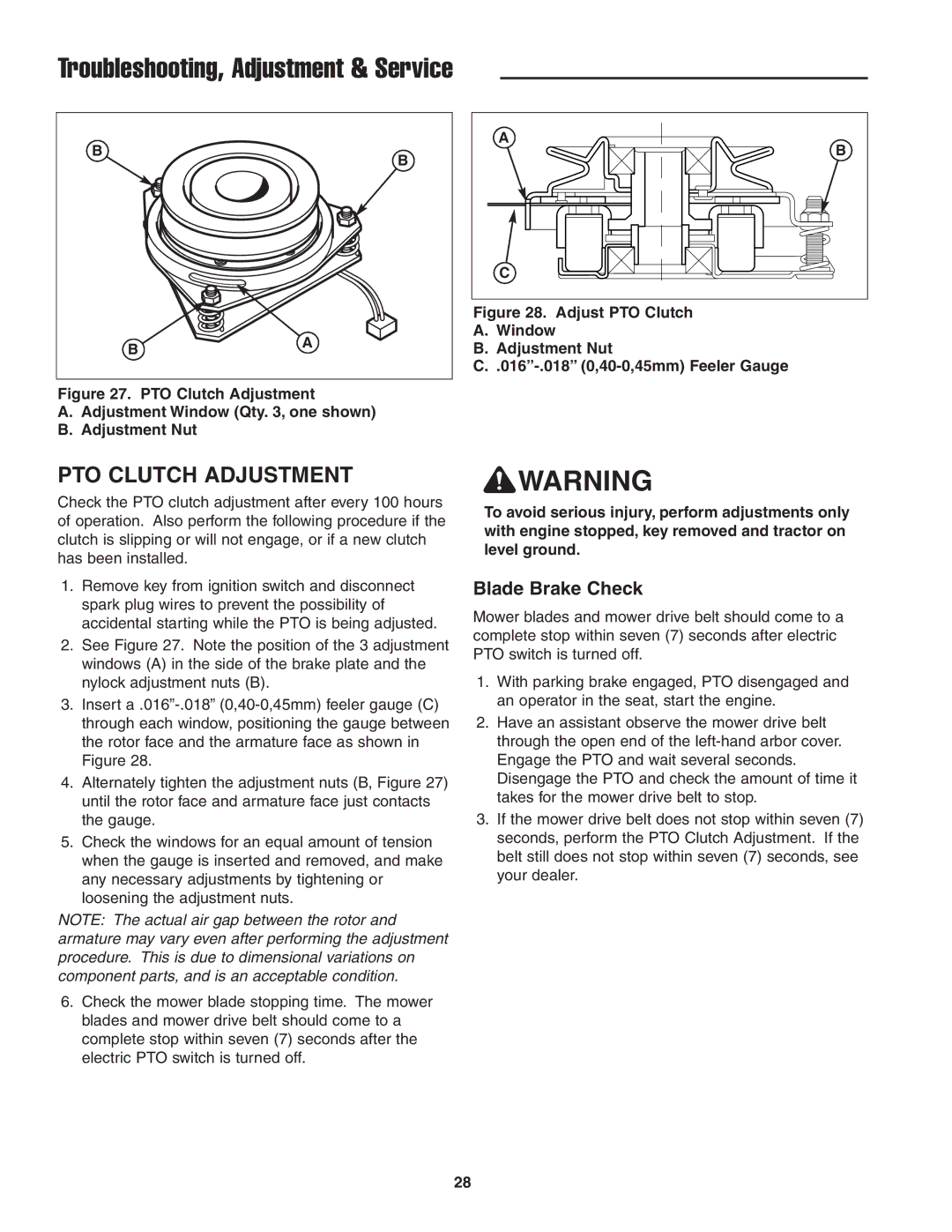 Simplicity 5022285, CE Models instruction sheet PTO Clutch Adjustment, Blade Brake Check 