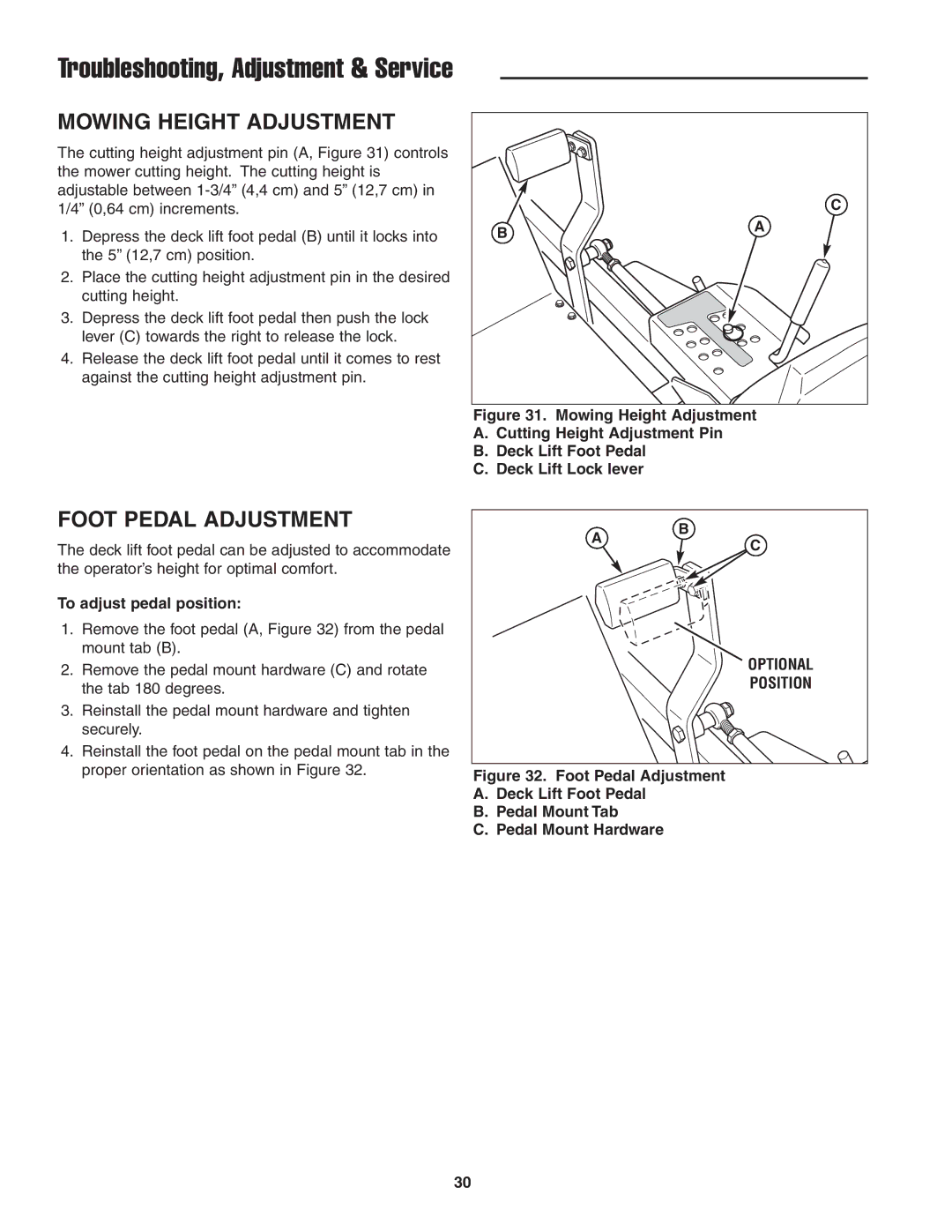 Simplicity 5022285, CE Models instruction sheet Mowing Height Adjustment, Foot Pedal Adjustment, To adjust pedal position 