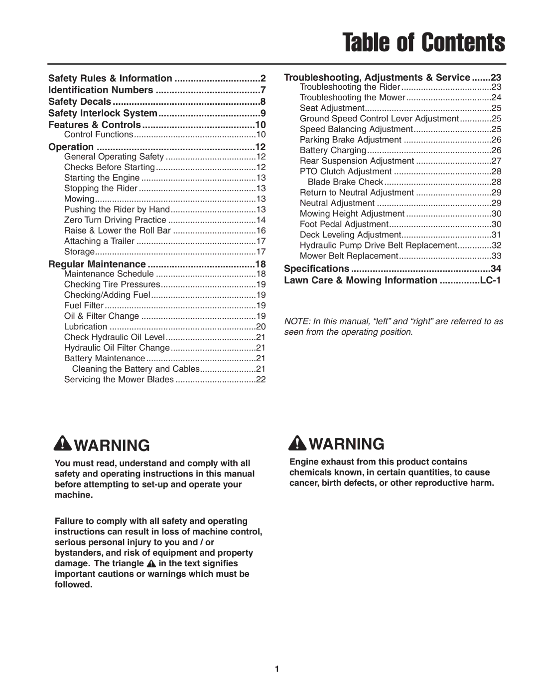 Simplicity CE Models, 5022285 instruction sheet Table of Contents 