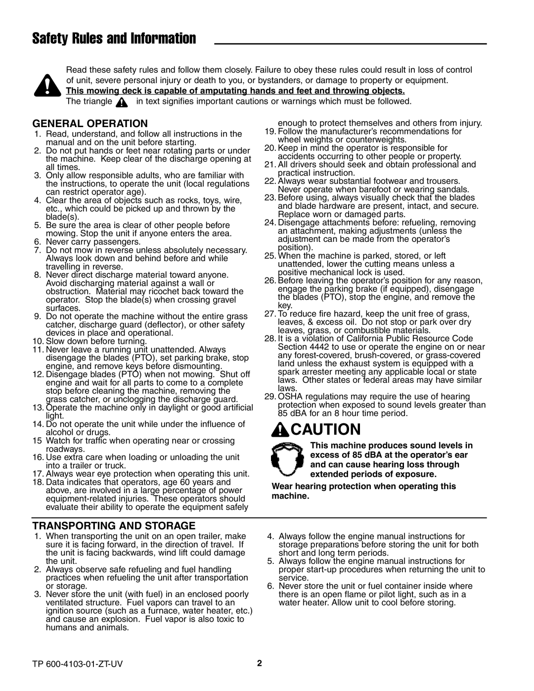 Simplicity 5022285, CE Models instruction sheet Safety Rules and Information, General Operation, Transporting and Storage 