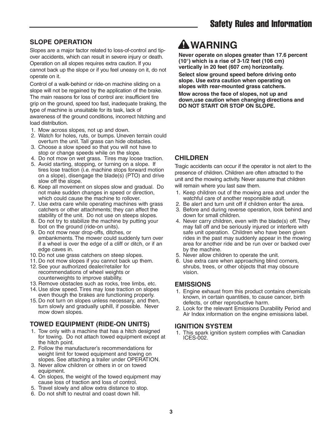 Simplicity CE Models, 5022285 Slope Operation, Children, Emissions, Towed Equipment RIDE-ON Units, Ignition System 