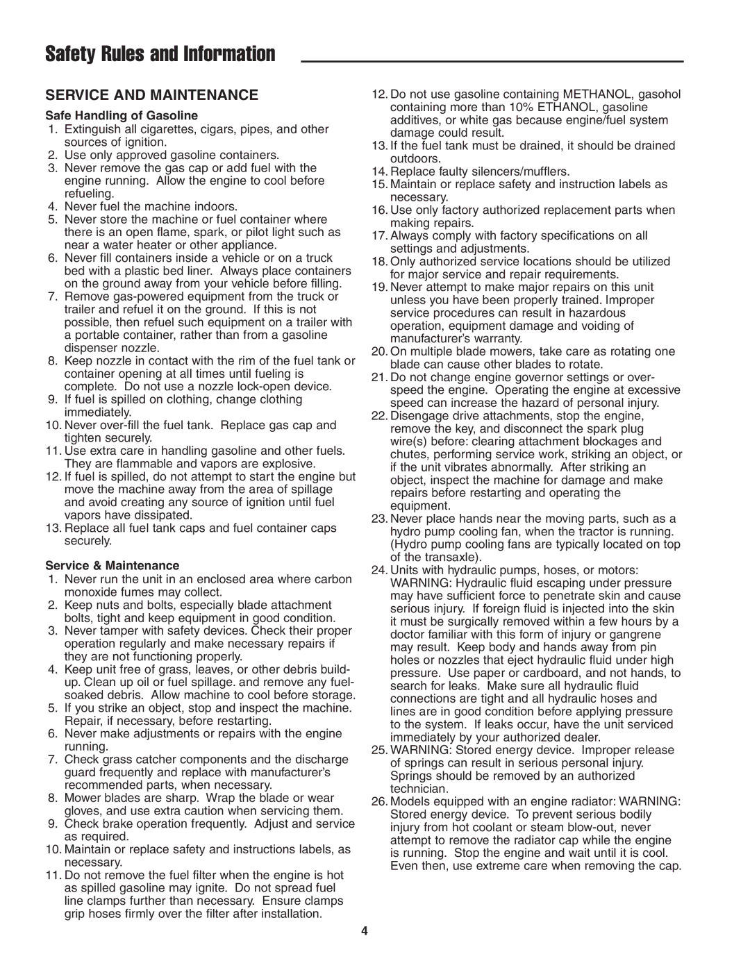 Simplicity 5022285, CE Models instruction sheet Service and Maintenance, Safe Handling of Gasoline, Service & Maintenance 