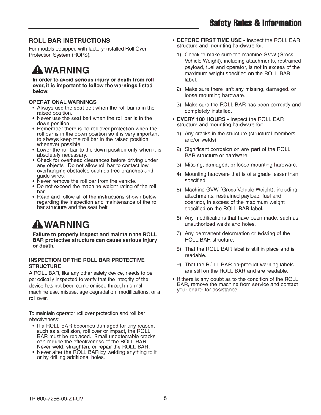 Simplicity CE Models, 5022285 instruction sheet Safety Rules & Information, Roll BAR Instructions 