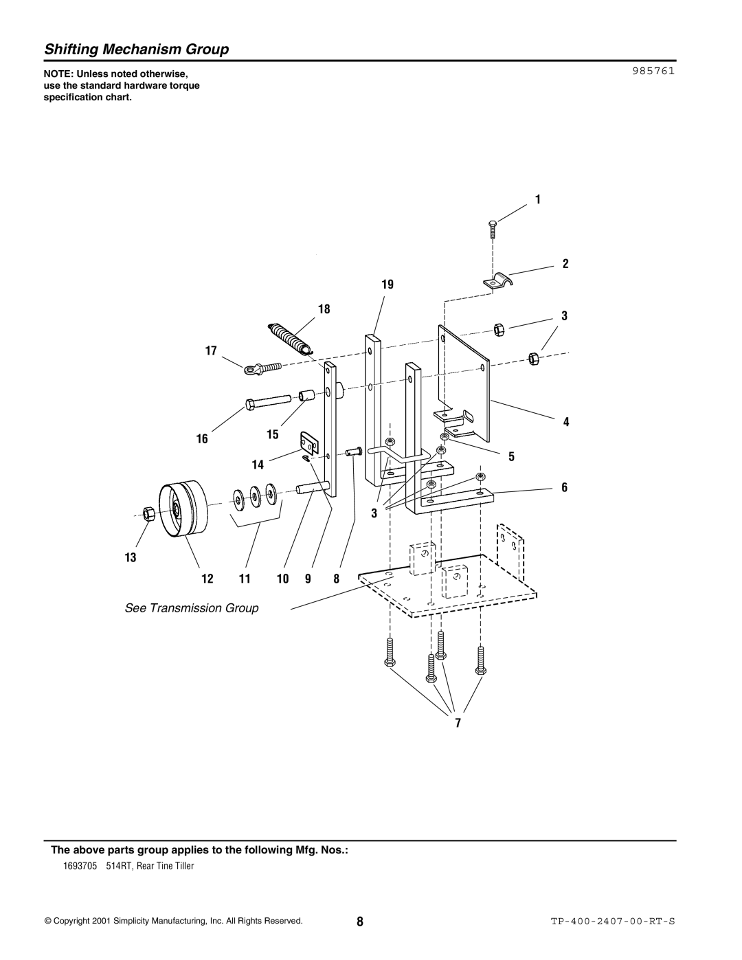 Simplicity 514RT manual Shifting Mechanism Group, See Transmission Group 