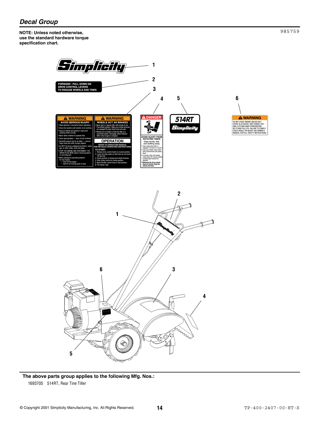 Simplicity 514RT manual Decal Group, 985759 