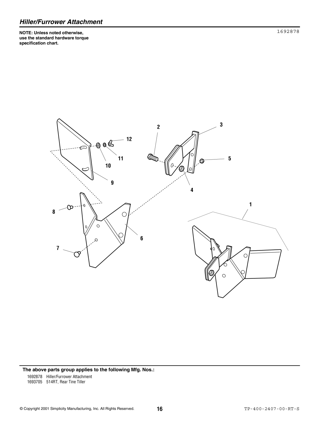 Simplicity 514RT manual Hiller/Furrower Attachment, 1692878 