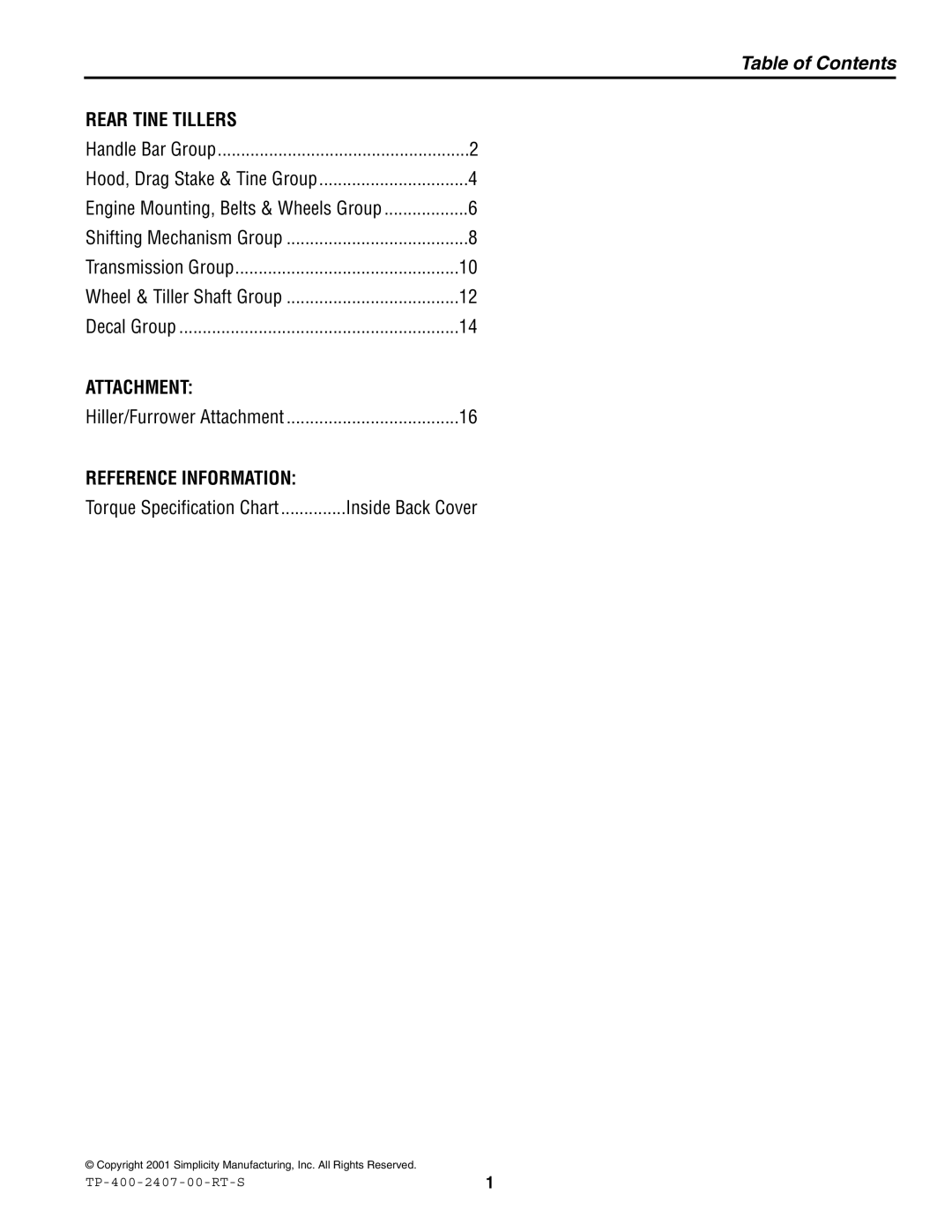 Simplicity 514RT manual Table of Contents 