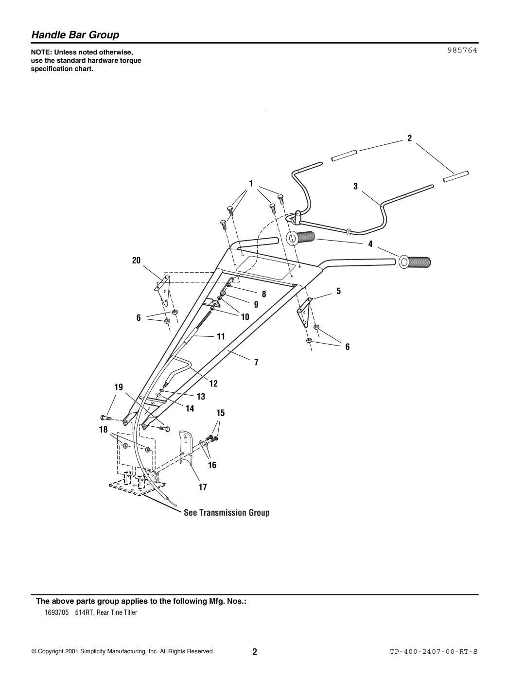 Simplicity 514RT manual Handle Bar Group, 985764 